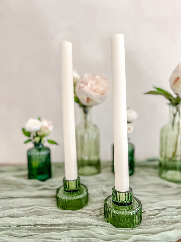 Forest Green Ribbed Glass Candlestick Holder