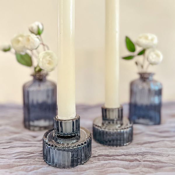 Blue Ribbed Glass Candlestick Holder