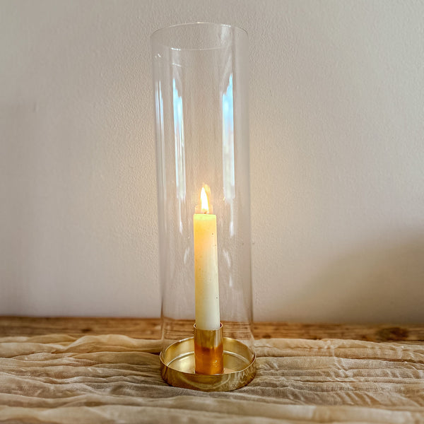 Gold Candlestick Base with Removable Glass Hurricane Surround Includes Candle