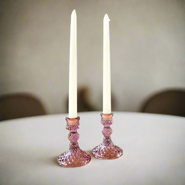 Coloured Pressed Glass Candlesticks - Pink