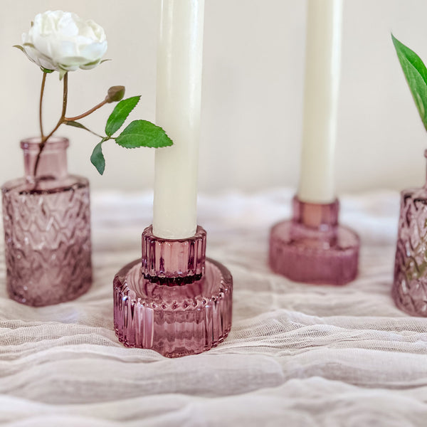 Pink Ribbed Glass Candlestick Holder