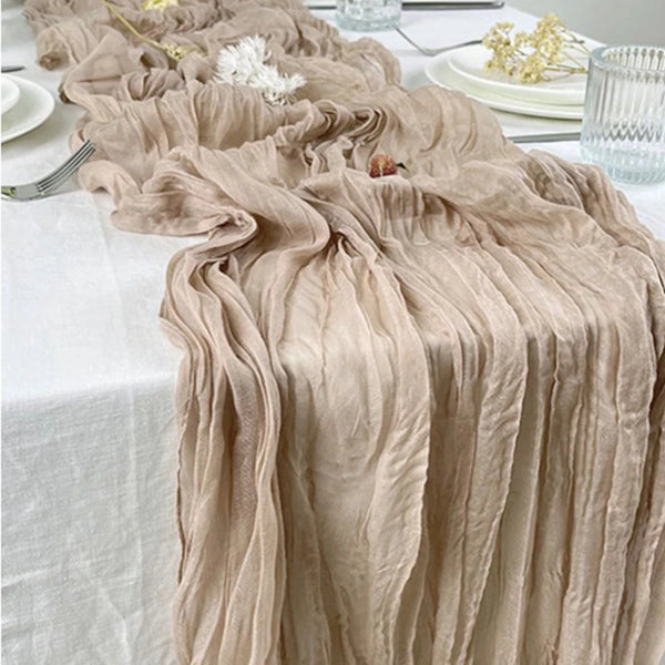 Taupe Neutral Crinkled Cheesecloth Wedding Table Runner 3m