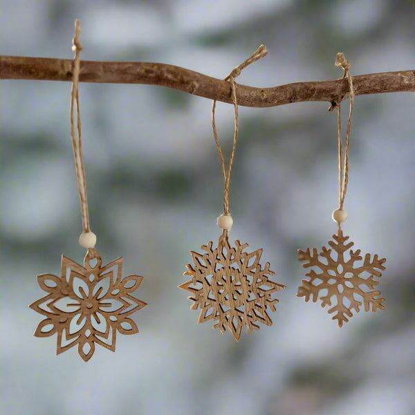 12 x Wooden Snowflakes, Tree Decorations - Scandi Christmas